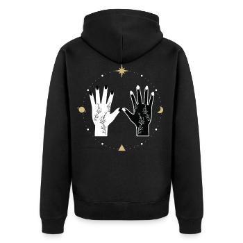 Univers Spirituel Tatouage Mains Lune Étoiles - Veste à capuche bio Premium Unisexe - noir - Dos - Nico (187cm)