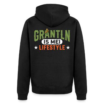 Oberbayern Grantln Grantler Geschenk - Unisex Premium Bio Zip Hoodie - Schwarz - Hinten - Nico (187cm)