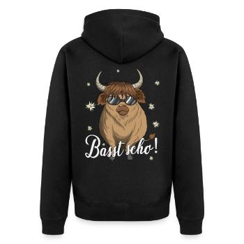 Basst scho Schottische Hochlandrinder Kuh Dialekt - Unisex Premium Bio Zip Hoodie - Schwarz - Hinten - Nico (187cm)