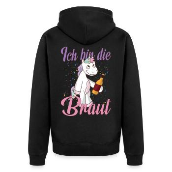 Ich bin die Braut Einhorn Fan Brautjungfern Spruch - Unisex Premium Bio Zip Hoodie - Schwarz - Hinten - Nico (187cm)