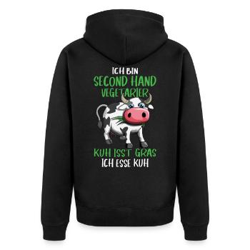 Ich bin second Hand Vegetarier Kuh Design Spruch - Unisex Premium Bio Zip Hoodie - Schwarz - Hinten - Nico (187cm)