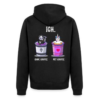 Ich ohne Kaffee Ich mit Kaffee Kaffetrinker Spruch - Unisex Premium Bio Zip Hoodie - Schwarz - Hinten - Nico (187cm)