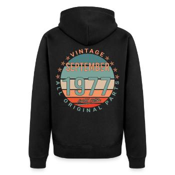 September 1977 Vintage Geschenkidee - Unisex Premium Bio Zip Hoodie - Schwarz - Hinten - Nico (187cm)