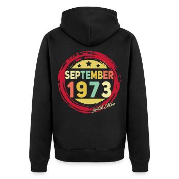 Born in September 1973 Vintage - Unisex Premium Organic Zip Hoodie - black - Back - Nico (187cm)