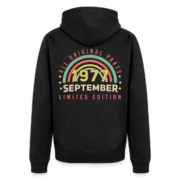September 1977 Retro Geschenkidee - Unisex Premium Bio Zip Hoodie - Schwarz - Hinten - Nico (187cm)