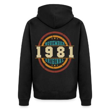 Geschenkidee November 1981 Vintage - Unisex Premium Bio Zip Hoodie - Schwarz - Hinten - Nico (187cm)