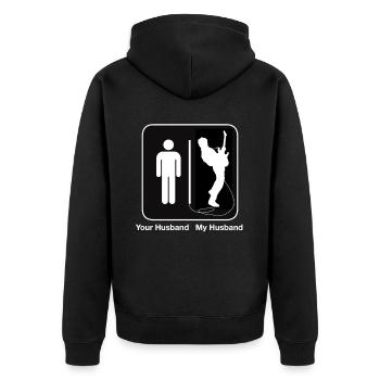 Frauen Ihr Mann Mein Mann Star Gitarrendruck - Unisex Premium Bio Zip Hoodie - Schwarz - Hinten - Nico (187cm)