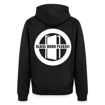 Tuer schliessen bitte | Tür schließen bitte - Unisex Premium Bio Zip Hoodie - Schwarz - Hinten - Nico (187cm)
