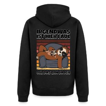 Faultier Spruch Irgendwas ist hier faul - Unisex Premium Bio Zip Hoodie - Schwarz - Hinten - Nico (187cm)
