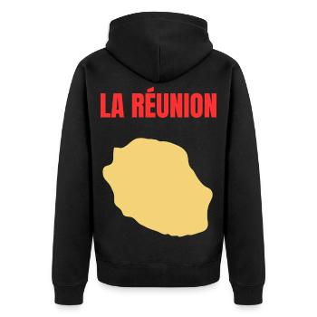 T-Shirt mit goldener Karte auf der Insel La Réunion - Unisex Premium Bio Zip Hoodie - Schwarz - Hinten - Nico (187cm)