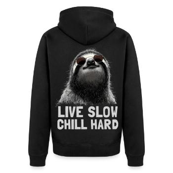 Chilliges Faultier mit Sonnenbrille - Unisex Premium Bio Zip Hoodie - Schwarz - Hinten - Nico (187cm)