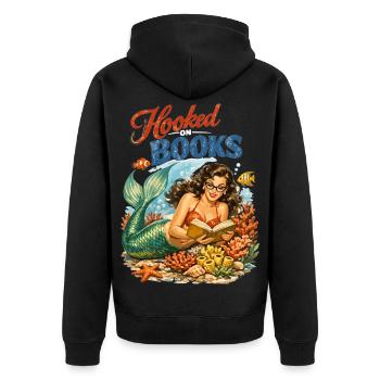 Retro Meerjungfrau: Hooked on Books Pin-up Design - Unisex Premium Bio Zip Hoodie - Schwarz - Hinten - Nico (187cm)