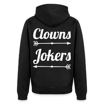 Clowns and Jokers Design – Narren & Spaßvögel - Unisex Premium Bio Zip Hoodie - Schwarz - Hinten - Nico (187cm)