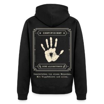 Zertifiziert menschlich — Tippfehler inklusive - Unisex Premium Bio Zip Hoodie - Schwarz - Hinten - Nico (187cm)