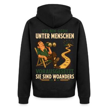 Unter Menschen mit Sicherheitsabstand - Unisex Premium Bio Zip Hoodie - Schwarz - Hinten - Nico (187cm)