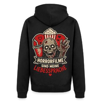 Horrorfilme sind meine Liebessprache - Unisex Premium Bio Zip Hoodie - Schwarz - Hinten - Nico (187cm)