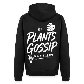 Pflanzenhumor – My Plants Gossip When I Leave - Unisex Premium Bio Zip Hoodie - Schwarz - Hinten - Nico (187cm)