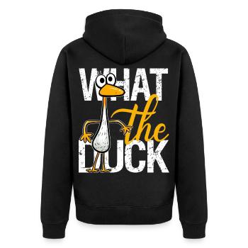 Was zum Teufel humorvolles Zitat skurriles lustiges Entenwort - Unisex Premium Bio Zip Hoodie - Schwarz - Hinten - Nico (187cm)