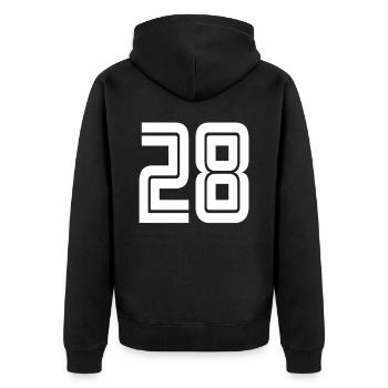 Trikotnummer 28 – Geschenk zum 28-jährigen Jubiläum - Unisex Premium Bio Zip Hoodie - Schwarz - Hinten - Nico (187cm)