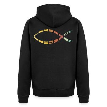 Jesus Fisch - Unisex Premium Bio Zip Hoodie - Schwarz - Hinten - Nico (187cm)