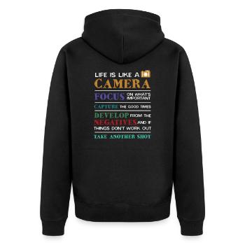 Life is Like A Camera Fotografie Fotograf Kamera - Unisex Premium Bio Zip Hoodie - Schwarz - Hinten - Nico (187cm)