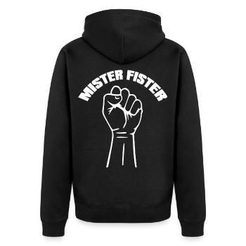 Mister Fister Faust Fist Fun Humor Sex Provokant - Unisex Premium Bio Zip Hoodie - Schwarz - Hinten - Nico (187cm)