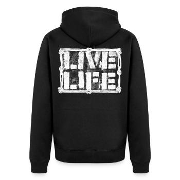 LIVE LIFE - LEBE DEIN LEBEN - Unisex Premium Bio Zip Hoodie - Schwarz - Hinten - Nico (187cm)