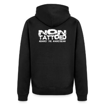 Tattoofrei anti tattoo free no tattoos Geschenk - Unisex Premium Bio Zip Hoodie - Schwarz - Hinten - Nico (187cm)
