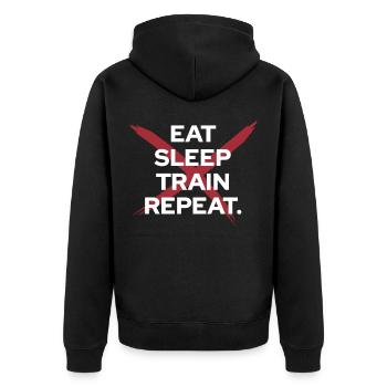 Eat Sleep Train Repeat - Training Motivation - Unisex Premium Bio Zip Hoodie - Schwarz - Hinten - Nico (187cm)
