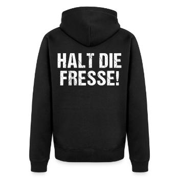 Halt die Fresse - Unisex Premium Bio Zip Hoodie - Schwarz - Hinten - Nico (187cm)