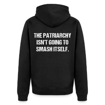 The Patriarchy Isn't Going To Smash - Unisex Premium Bio Zip Hoodie - Schwarz - Hinten - Nico (187cm)