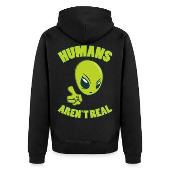 HUMANS ARE NOT REAL Alien UFO Sci-Fi gifts - Unisex Premium Organic Zip Hoodie - black - Back - Nico (187cm)
