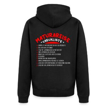 Maturareise Matura Maturafeier Maturant Checkliste - Unisex Premium Bio Zip Hoodie - Schwarz - Hinten - Nico (187cm)