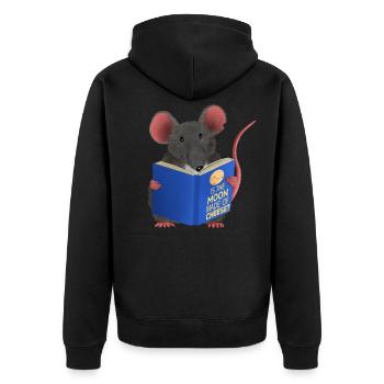 Leseratte / Maus - Ist der Mond aus Käse - Unisex Premium Bio Zip Hoodie - Schwarz - Hinten - Nico (187cm)