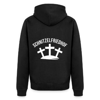 Bauch Schnitzelfriedhof Feinkost Feinkostgewölbe - Unisex Premium Bio Zip Hoodie - Schwarz - Hinten - Nico (187cm)
