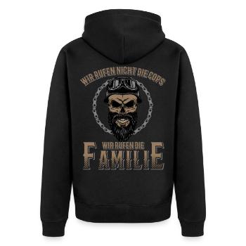 Wir Rufen nicht die Polizei Wir Rufen die Familie - Unisex Premium Bio Zip Hoodie - Schwarz - Hinten - Nico (187cm)