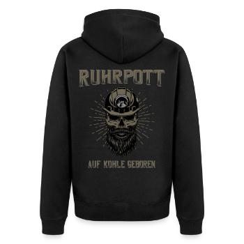 Ruhrpott Auf Kohle geboren Kumpel Skull - Unisex Premium Bio Zip Hoodie - Schwarz - Hinten - Nico (187cm)
