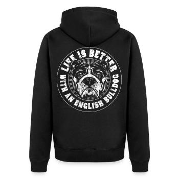 English Bulldog - Unisex Premium Bio Zip Hoodie - Schwarz - Hinten - Nico (187cm)