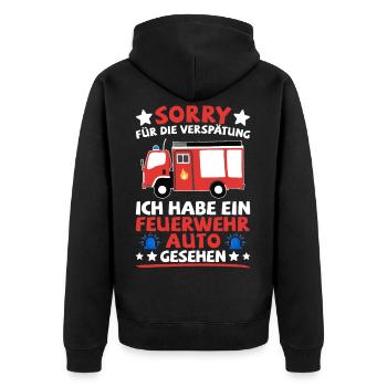 Feuerwehr Feuerwehrauto Feuerwehrmann lustig - Unisex Premium Bio Zip Hoodie - Schwarz - Hinten - Nico (187cm)