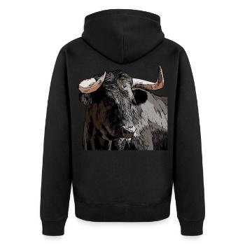 Stier Bulle Kuh Tier Motiv Aufdruck Ochse - Unisex Premium Bio Zip Hoodie - Schwarz - Hinten - Nico (187cm)