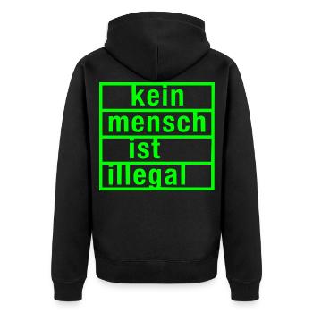 kein mensch ist illegal - Unisex Premium Bio Zip Hoodie - Schwarz - Hinten - Nico (187cm)