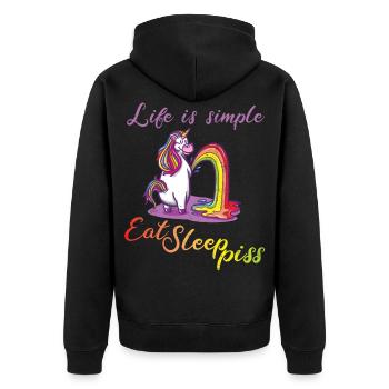 Life is simple - Eat sleep piss - Unisex Premium Bio Zip Hoodie - Schwarz - Hinten - Nico (187cm)