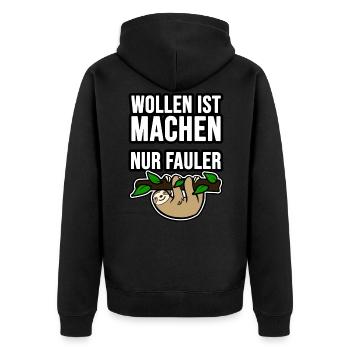 Wollen ist machen nur fauler Faultier - Unisex Premium Bio Zip Hoodie - Schwarz - Hinten - Nico (187cm)