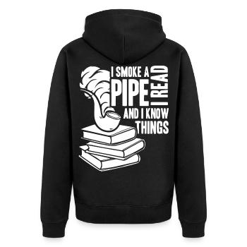 Buchliebhaber Pfeifenraucher Tabakliteratur - Unisex Premium Bio Zip Hoodie - Schwarz - Hinten - Nico (187cm)