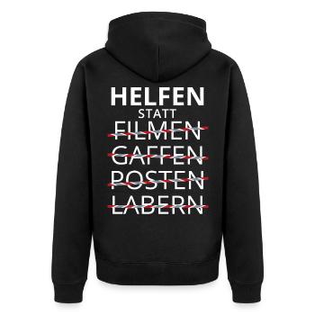 Helfen statt Filmen Gaffen Cooler Spruch RETTER - Unisex Premium Bio Zip Hoodie - Schwarz - Hinten - Nico (187cm)