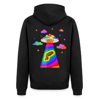 Kidcore Aesthetic Alien UFO Kidnapping Mushroom - Unisex Premium Organic Zip Hoodie - black - Back - Nico (187cm)