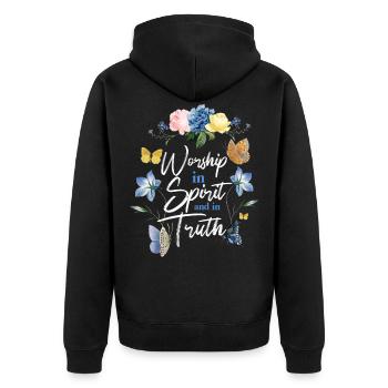 Christian Bible Verse Butterfly - Unisex Premium Bio Zip Hoodie - Schwarz - Hinten - Nico (187cm)