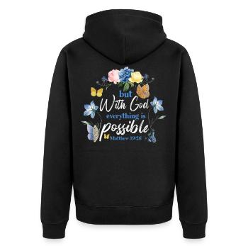 Christian Bible Verse Butterfly - Unisex Premium Bio Zip Hoodie - Schwarz - Hinten - Nico (187cm)