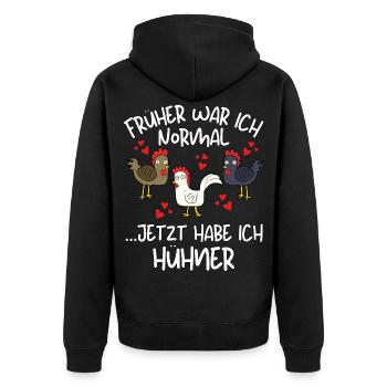 Früher war ich normal jetzt habe ich Hühner! - Unisex Premium Bio Zip Hoodie - Schwarz - Hinten - Nico (187cm)