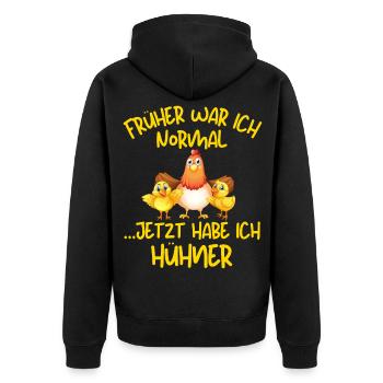 Früher war ich normal jetzt habe ich Hühner! - Unisex Premium Bio Zip Hoodie - Schwarz - Hinten - Nico (187cm)